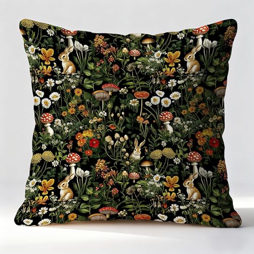 Cottagecore Mushroom Floral Bunny Pillow Covers 18x18, Dark Cottagecore Decor, Rustic Wildflower Botanical Rabbit Decorative Throw Pillow Covers for Home Bedroom Living Room,251pillowcover - color: Color-06