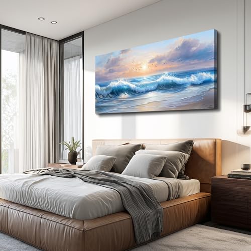 XIGUANGART Beach Pictures Wall Art,Coastal Sunrise Seascape Painting 24x48 - color: Sea Wave Painting, size: 48"L x 24"W