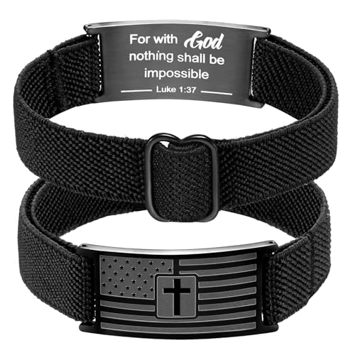 Easter Basket Stuffers - American Flag Cross Bracelet for Boys Men Freedom Adjustable Strap Christian Bracelets Engraved Bible Verses Inspirational Messages Religious Prayer Jewelry Gift Military Patriotic Wristbands - color: Black, size: Luke 1:37