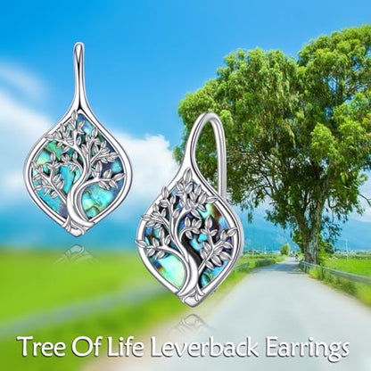 Celtic Trinity Knot Earrings for Women 925 Sterling Silver Triquetra Knot Leverback Abalone Shell Irish Jewelry Tree of Life Gift - style: tree of life