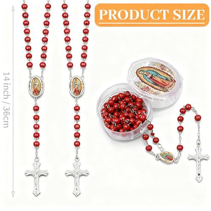 48 Pcs Scented Rosary Necklace Set with Gift Box – Wooden Bead Rosary with Crucifix for Women & Men, First Communion, Baptism, Party Favors - color: Red