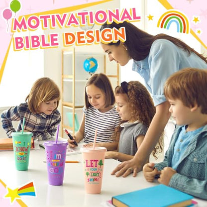 Uiifan 50 Christian Kids Cups with Lids Straws, Back to School, Pastel - color: Pastel