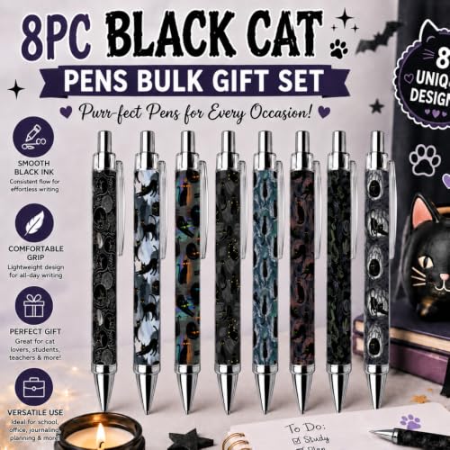 8PC Black Cat Pens Bulk Gift Set Cute Kitties Witchy Magical Cats Spooky Kitty Lovers Must Haves Halloween Gothic Themed Office School Journal Planner Desk Accessories Gifts for Women Adults - style: Black Cat