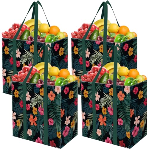 BALEINE 4 PK Grocery Bags Reusable Shopping Bags with Reinforced Bottom, Heavy Duty Foldable Tote Bags (Blossom Season) - color: Blossom Season, size: 4 PK