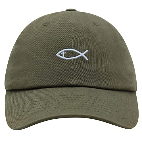 JPAK Jesus Fish Symbol Premium Dad Hat Embroidered Cotton Baseball Cap Symbol of Christianity - color: Olive Green