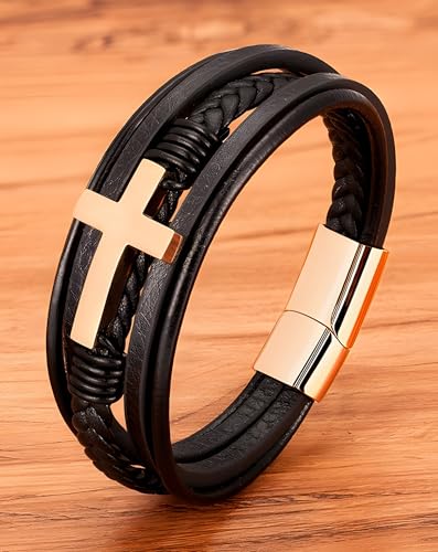 Cross Leather Bracelet for Men, Multi-Layer Braided Mens Religious Cuff Bracelets with Stainless Steel Clasp Anniversary Father's Day Birthday Christmas Jewelry Gifts for Him - color: Rose Gold Clasp & Black Leather