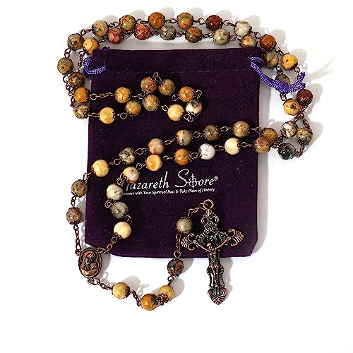 Nazareth Store Natural Stone Beads 8mm Rosary Necklace Antique Copper Design Holy Soil Medal & Cross in Velvet Bag - Catholic Rosaries Terra Santa Jerusalem Collection - color: Yellow Jasper