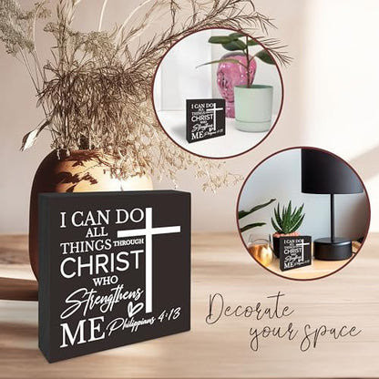 5 Inches Black Christian Bible Verse Wooden Sign - I Can Do All Things Through Christ Who Strengthens Me - Motivational Gift For Friends Family -Tabletop,Shelf, Home & Office Decorations -(A06)