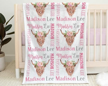 Personalized Baby Blanket, Pink Highland Cow Name Blanket for Girls, Floral Cow Newborn Swaddle, Cute Farm Babys Gift, Baby Blankets with Name, Baptism, Monogram 30"X40", 40"X50" - color: Pink Highland Cow