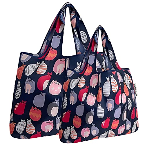 allydrew Large Foldable Tote Nylon Reusable Grocery Bags - color: Set of 2, Stylish Kitties, size: Large & Small (Set of 2)