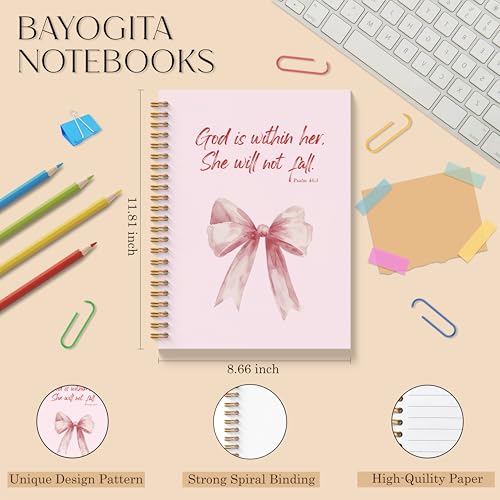 Pink Coquette Bow Christian Spiral Notebooks, God is Within Her She Will Not Fall Bible Journal, Religious Prayer Journal for Woman, Coquette Girly Office Supplies, 11.8x8.66 Inches - color: Colour-4-A4