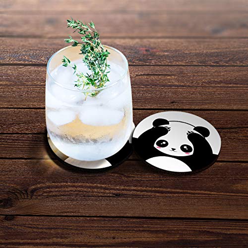 , Panda Bear Black White Style Design Absorbent ROUND Fabric Felt Neoprene Car Coasters for Drinks, 2pcs Set - color: Panda Bear Black White Style