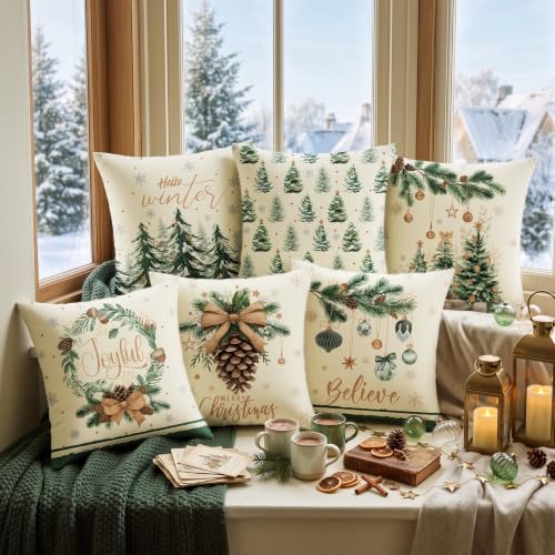 FuWeave 6 Set Christmas Throw Pillow Covers 18x18 Inch Neutral Winter - style: Christmas Tree