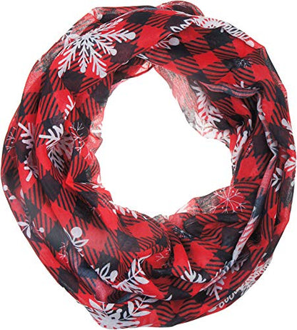 VIVIAN & VINCENT Gift Wrapped Fall Winter Soft Lightweight Holiday Sheer Infinity Christmas Scarf for Women Girls - color: Plaid Snowflake Red