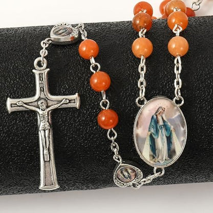 Nazareth Store Natural Stone Beads with Miraculous Epoxy Heart Metal Beads Rosary Necklace Gemstone Christian Gifts - color: Red Aventurine