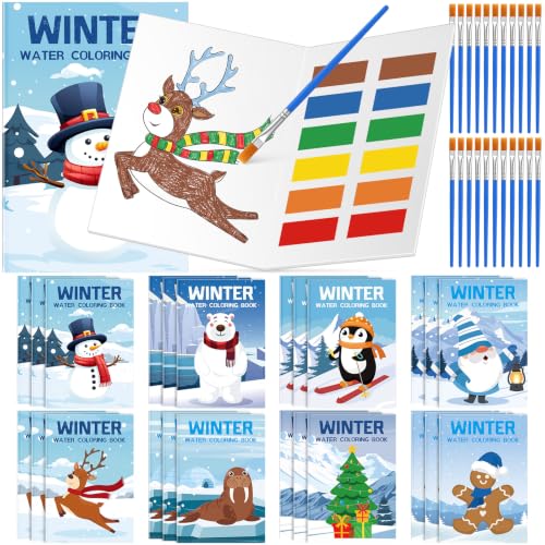 Kosiz 24 Pack Winter Coloring Paint with Water Books, Mini with Brushes - style: Winter Coloring