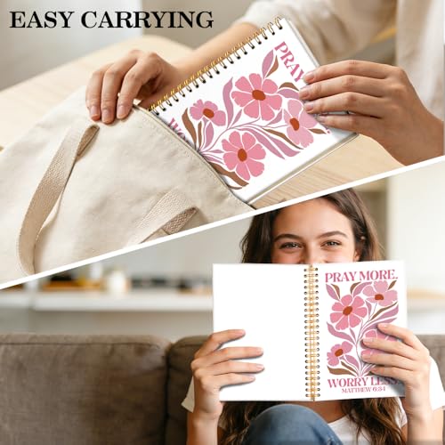 ERHACHAIJIA Pray More Worry Less Lined Spiral Notebook Gifts for Christian - color: White-pink