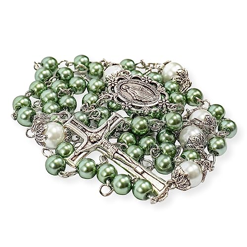 Nazareth Store Pearl Beads Rosary White Our Father Beaded Necklace Lourdes Medal & Cross Crucifix Spiritual Devotion - color: Green