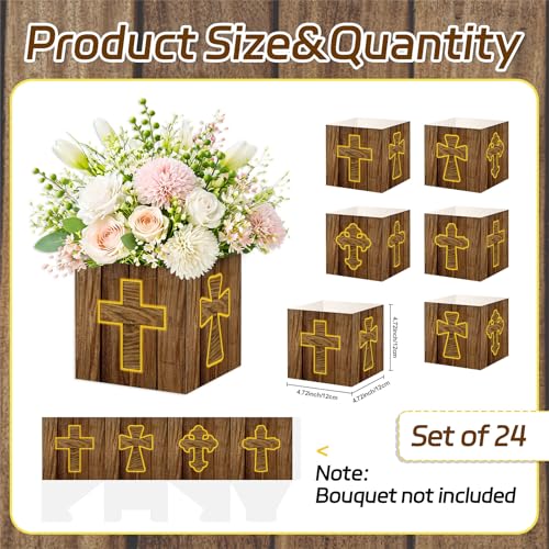 Cinrobiye 24 Pcs Christian Cross Centerpieces for Tables, Rustic Religious Centerpiece Boxes for Baptism, First Communion, Church Event, Wedding, Bridal Shower and Party Decorations - color: brown2