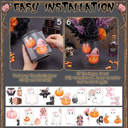 Harloon 15 Sheets Pastel Halloween Ghost Rub on Transfers for Crafts Cute Pink Summer Halloween Ghost Cat Dog Stickers Watercolor Furniture Decals for Home Party DIY Crafts - style: Cute Ghost