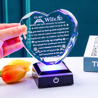 Arikyrist Romantic Wife Gift from Husband with Colorful LED Base Anniversary Birthday Gifts for Wife Crystal Keepsake I Love You Gift for Her on Mothers Day Valentine Christmas - color: Wife Gifts + Light Base