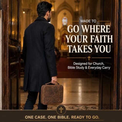 11 x 8 inch Real Leather Bible Cover for Men, Bible Case Women Organizer with Handle & Pocket Pen Holder Christian Religious Gift Bookmark Bible Carrying Bag for Church - Antique Brown - color: Brown