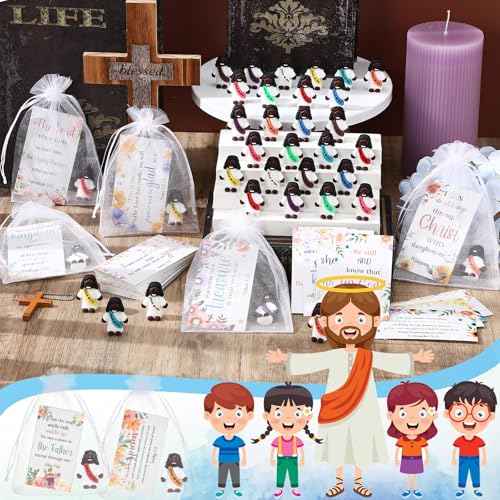 Bememo 50 Sets Christian Gifts Bulk Bible Verse Cards Include Little Jesus Figures Prayer Cards and Organza Bags for Religious Party Favors Sunday Baptism Gifts(Flower Style,Dark) - color: Dark, style: Flower Style