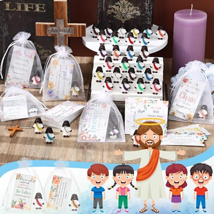 Bememo 50 Sets Christian Gifts Bulk Bible Verse Cards Include Little Jesus Figures Prayer Cards and Organza Bags for Religious Party Favors Sunday Baptism Gifts(Flower Style,Dark) - color: Dark, style: Flower Style