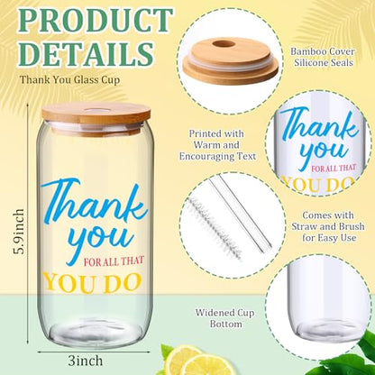 Ziliny 24 Set Thank You Gifts Bulk Employee Appreciation Gifts for Staff Christmas Coworker 16 oz Glass Cups with Lids and Straws with Gift Box Ribbon for Friends Nurse Teacher(Team) - style: Team