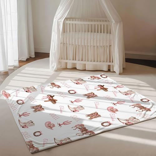 Personalized Western Girl Baby Blanket, Pink Pony Boots Ribbon Pattern Design, Custom Name Toddler Kids Throw, Cowgirl Nursery Decor, Baby Girl Gift - color: Western Girl Baby Blanket