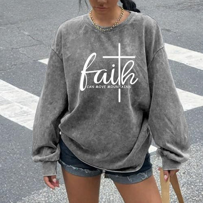 Christian Shirts for Women Faith Can Move Mountains Acid Wash Shirt Jesus Religious Bible Verse Long Sleeve Top - color: Gray, size: Small