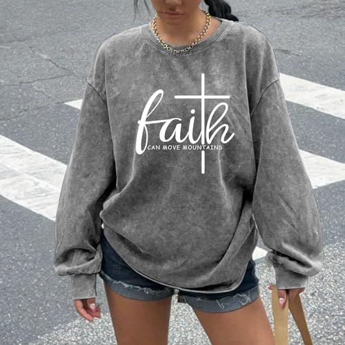 Christian Shirts for Women Faith Can Move Mountains Acid Wash Shirt Jesus Religious Bible Verse Long Sleeve Top - color: Gray, size: Large