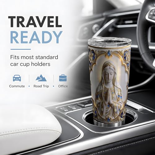 Virgin Mary Ornate Jewel Art 20oz Tumbler, Virgin Mary Tumbler for Daily Drinkware, White Gold Prayer Statue Illustration, Catholic Devotional Cup, Religious Design for Women Men - color: Virgin Mary 2