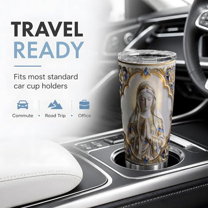 Virgin Mary Ornate Jewel Art 20oz Tumbler, Virgin Mary Tumbler for Daily Drinkware, White Gold Prayer Statue Illustration, Catholic Devotional Cup, Religious Design for Women Men - color: Virgin Mary 2