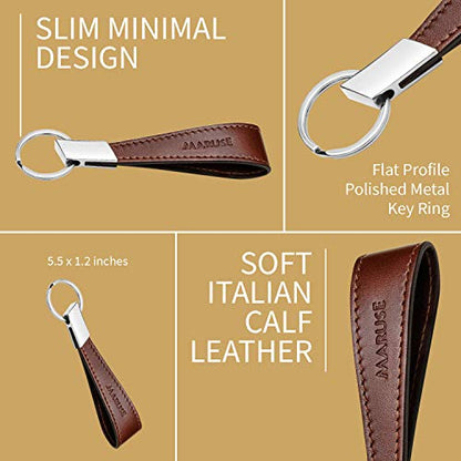 Maruse Italian Leather Keychain for Men and Women, with Flat Profile Polished Metal Key Ring, Handmade in Italy - color: Brown