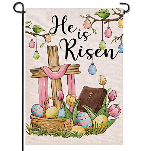 Artofy Christian Easter He is Risen Small Decorative Garden Flag, Religious - color: He is Risen, size: 12" x 18"