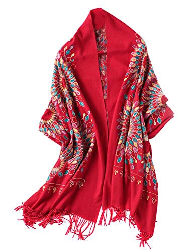 Urban CoCo Embroidered Scarf for Women, Tassel Shawl, Soft Lightweight Wrap - color: Red