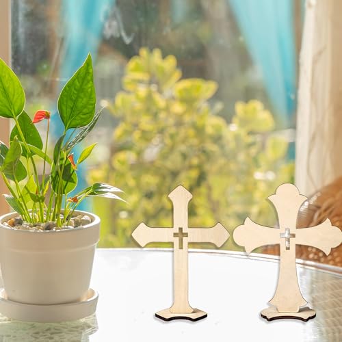 24 Pcs Wooden Crosses for Crafts 4 Styles Unfinished Catholic Wooden Crosses Bulk with Stands Cross centerpieces for Tables Wood Standing Cross for First Communion Baptism Easter Decor