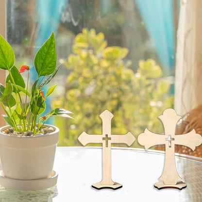 24 Pcs Wooden Crosses for Crafts 4 Styles Unfinished Catholic Wooden Crosses Bulk with Stands Cross centerpieces for Tables Wood Standing Cross for First Communion Baptism Easter Decor