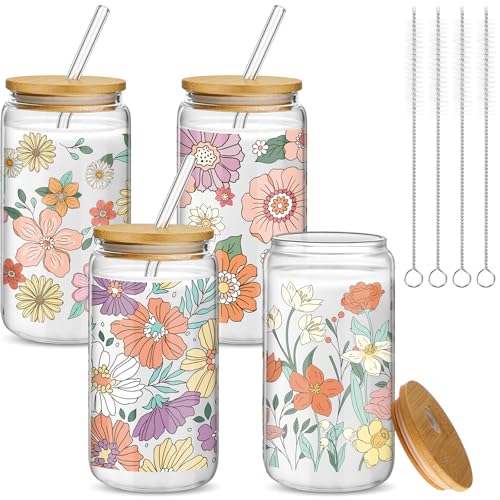Mumufy 4 Pack Bohemian Flower Glass Cup, 16 oz Tumbler Mug with Bamboo Lid - style: Bohemian Flower
