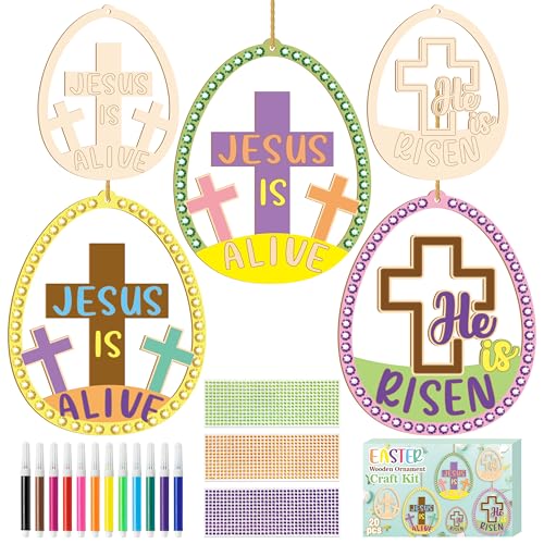 BeYumi Easter Wooden Ornament Craft - 20Pcs Jesus is Risen DIY Wooden Eggs Ornaments Craft Kit for Kids Make Your Own Christian Religious Easter Egg Set with Gem Sticker Party Decoration Supplies - style: Easter Egg