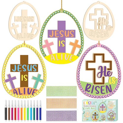 BeYumi Easter Wooden Ornament Craft - 20Pcs Jesus is Risen DIY Wooden Eggs Ornaments Craft Kit for Kids Make Your Own Christian Religious Easter Egg Set with Gem Sticker Party Decoration Supplies - style: Easter Egg