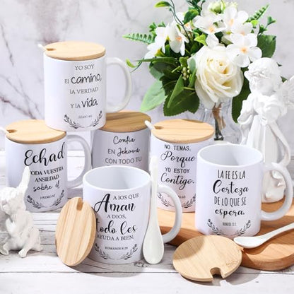 Maxdot 6 Sets Christian Gifts for Women Men Christian Mugs Bulk 12oz Coffee Mug with Lid Handle Spoon Religious Inspirational Scripture Ceramic Cup for Sunday School Vbs Grandparents(Spanish) - style: Spanish