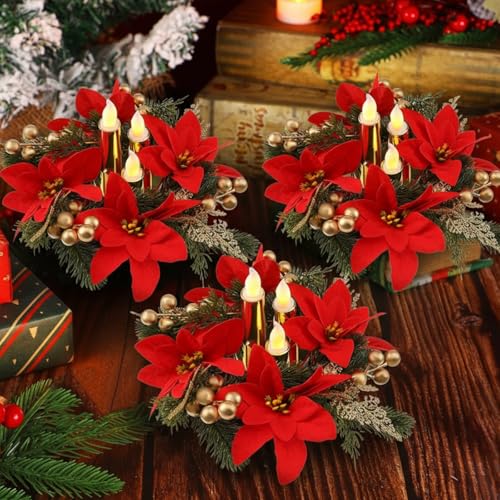 Tuanse 3 Set Poinsettia Centerpieces Christmas Floral LED Candles Decor - style: Christmas Poinsettia