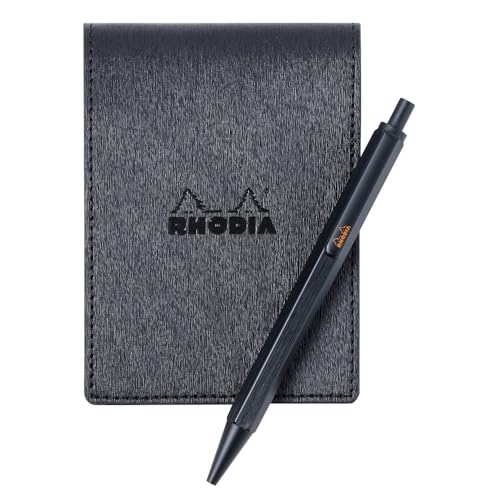 Rhodia cfmtpu11setbk Metallic PU Leather Ballpoint Pen Script Set, Black (Block Rodia No. 11 A7 Notepad, 80 Pieces, 0.2 inch (5 mm) Square) - color: Black, style: Script Ballpoint Pen Set