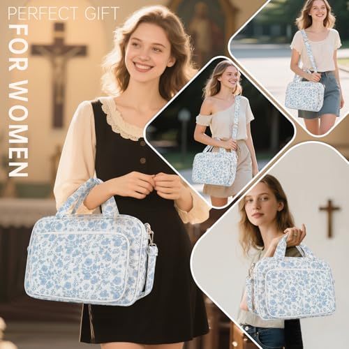 Bible Cover Case for Women Bible Study Supplies Church Camp Essentials Christian Gifts for Women Journaling Kit Quilted Large Bible Book Sleeve (Blue Flower, Large) - color: Blue Flower