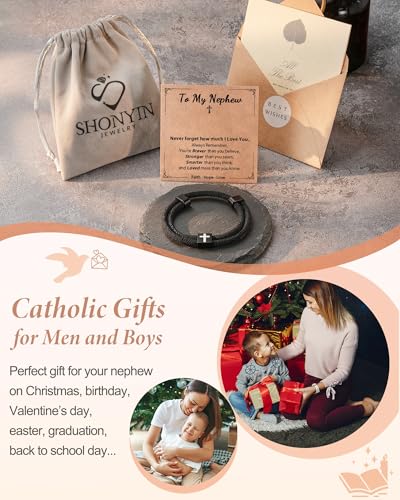 Shonyin Religious Catholic Gifts for Teen Boy Men, Cross Bracelet with Card - style: Nephew