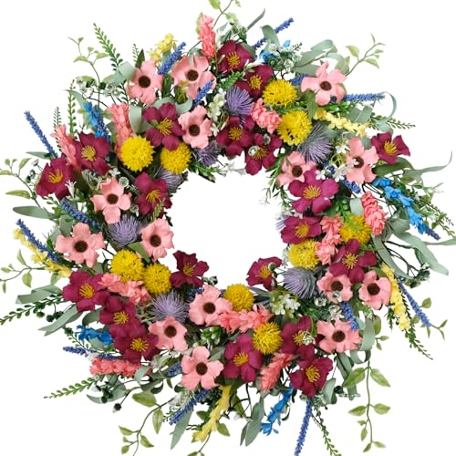 22 Inches Artificial Floral Wreath for Front Door Colorful Daisy and Green Leaves Wreath for Spring/Summer Indoor Outdoor Farmhouse Decor