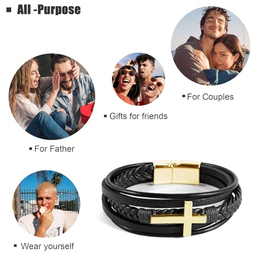 Leather Bracelet for Men Braided Stainless Steel Mens Bracelets - color: Black-GoldCross