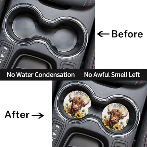 Highland Cow Car Cup Holder Coasters 2 Pack 2.63" for Women - color: Yellow